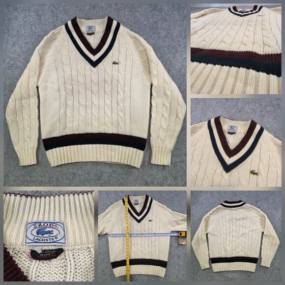 VTG IZOD Lacoste Sweater Mens Large White Cable Knit V Neck Tennis Pullover 80s